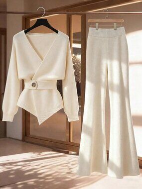 Apricot Elegant Women's Casual Loose High-Quality Knitted Sweater Set
